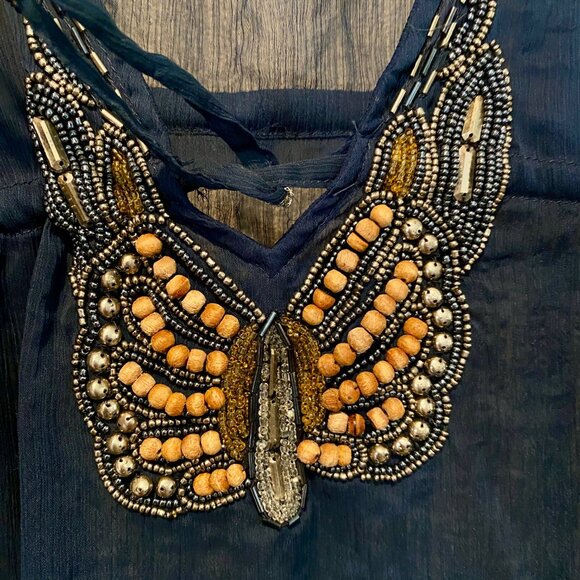 Navy Blue Sheer Beaded Swim Cover Up One Size Drawstring Kaftan - Picture 4 of 4